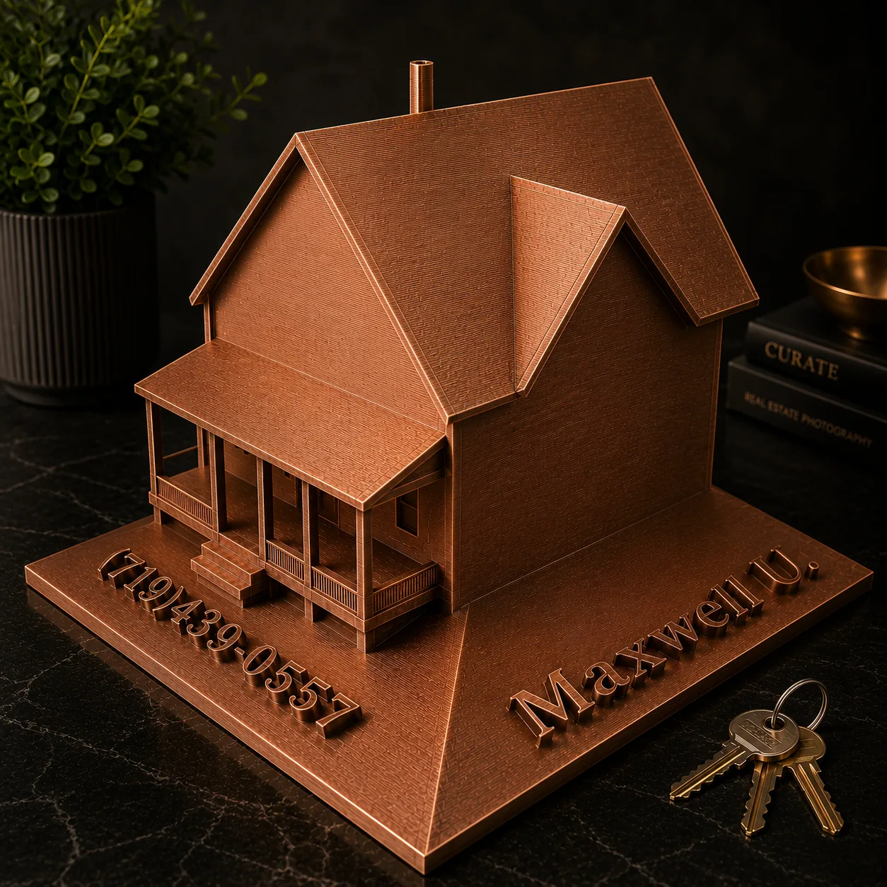 Custom 3D printed miniature of a listed home with agent branding and QR code on the base