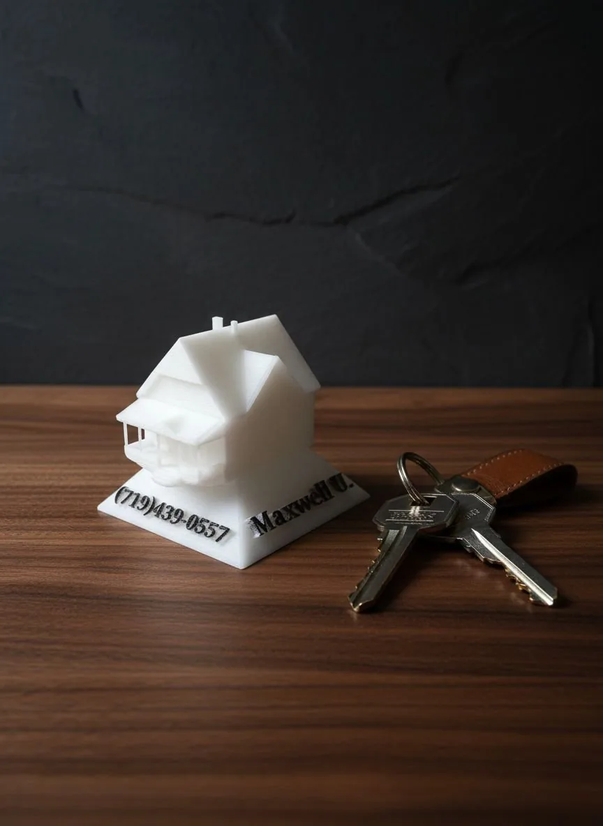 Custom 3D printed miniature of a listed home with agent branding and QR code on the base